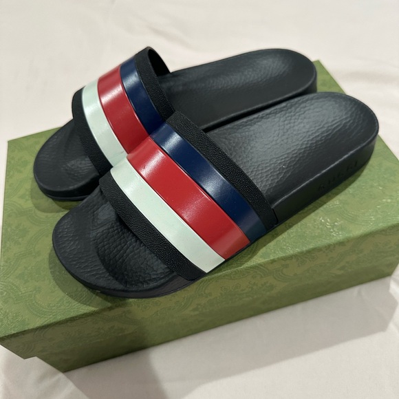Gucci Black Slides with Red, White, and Blue Stripes - Picture 1 of 3